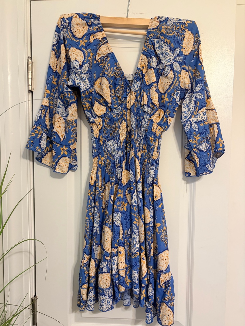 Blue Floral Smocked Midi Dress with Flutter Sleeves